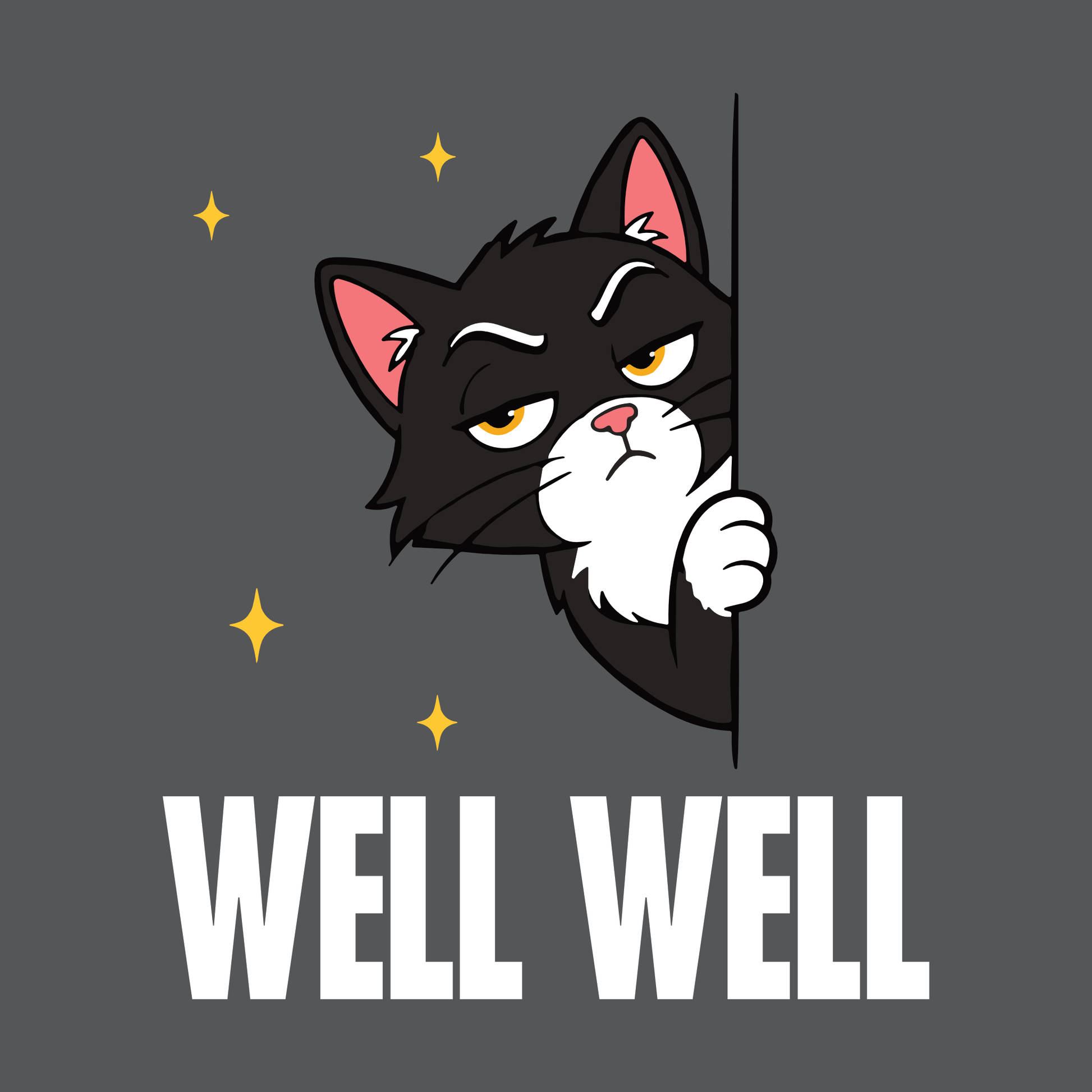 Well Well Peeking Cat T-Shirt design with peeking black cat graphic and bold text
