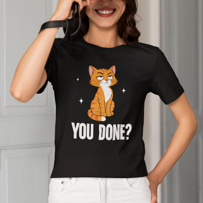 Model wearing You Done Judgy Cat T-Shirt with seated orange cat graphic design