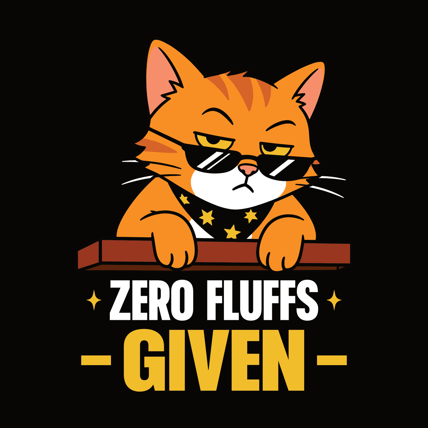 Zero Fluffs Given Sunglasses Cat T-Shirt design with orange cat wearing sunglasses and bold text